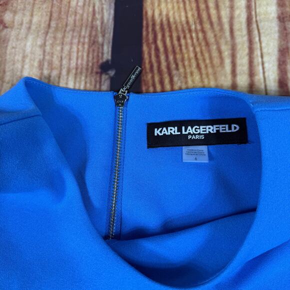New Karl Lagerfeld Flared Ruffle Dress Womens 6 Blue Short Sleeve Back Zip Paris - Picture 2 of 11